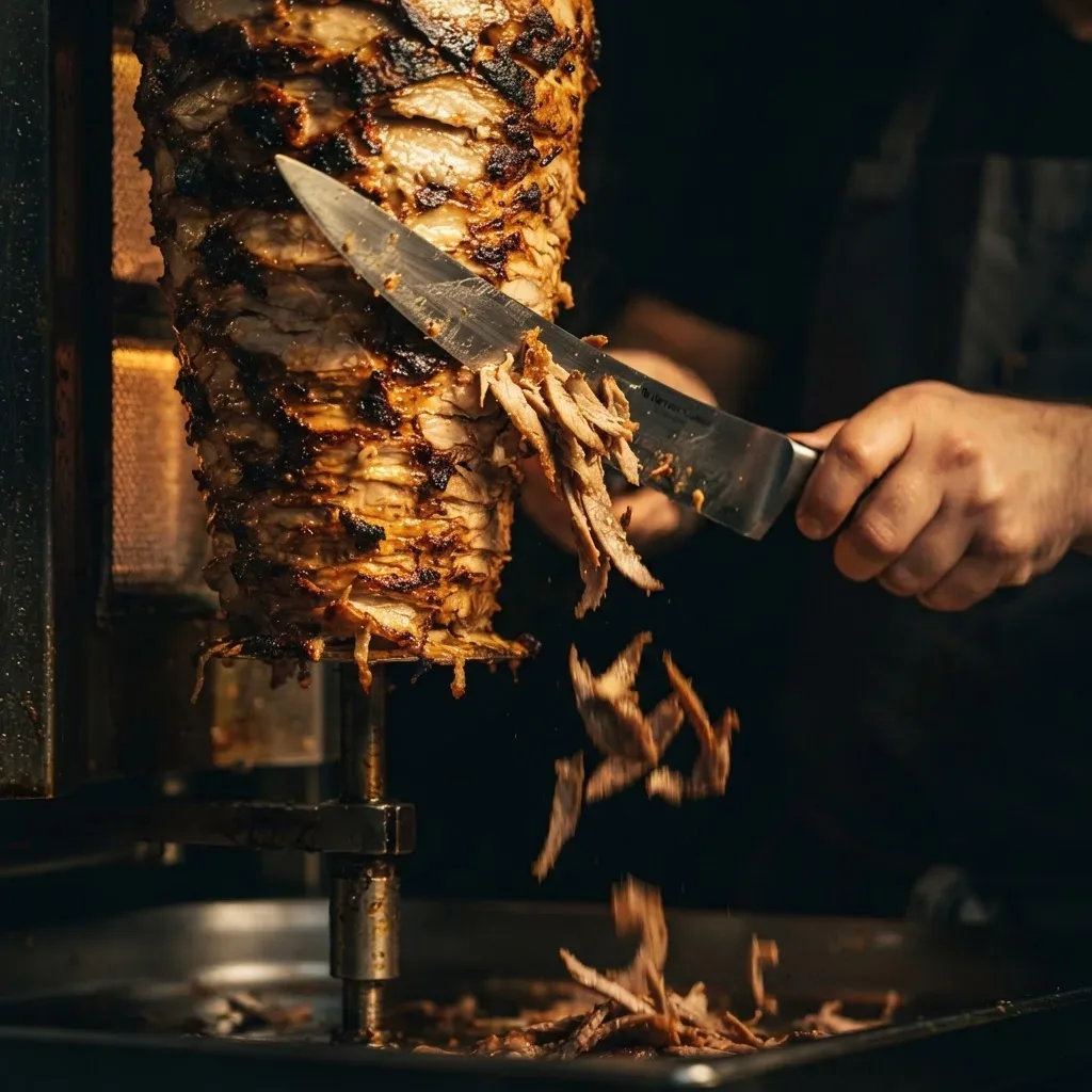 Messer schneidet Döner-Fleisch